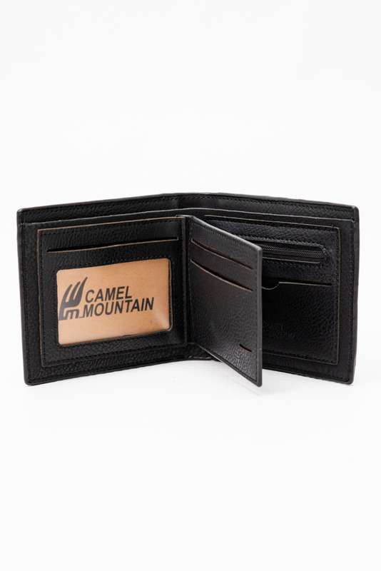 Camel Mountain Leather Bi Fold Stitch Detail Wallet with Coin Pouch Black