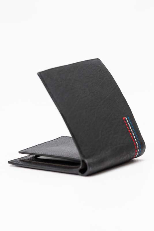 Camel Mountain Leather Bi Fold Stitch Detail Wallet with Coin Pouch Black