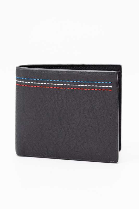 Camel Mountain Leather Bi Fold Stitch Detail Wallet with Coin Pouch Black