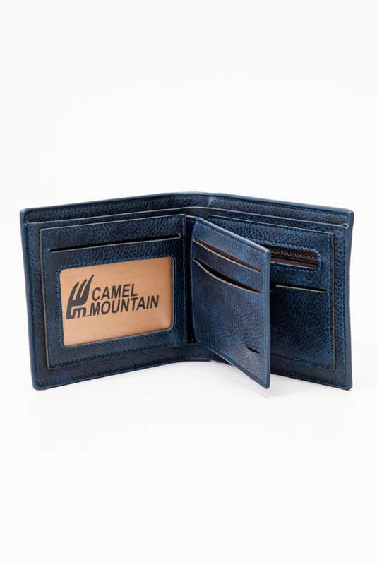 Camel Mountain Leather Bi Fold Stitch Detail Wallet with Coin Pouch Navy
