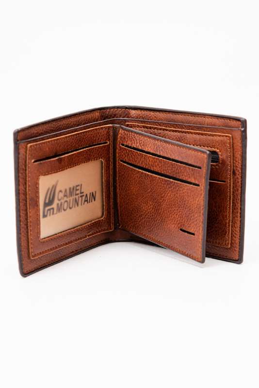 Camel Mountain Leather Bi Fold Stitch Detail Wallet with Coin Pouch Tan