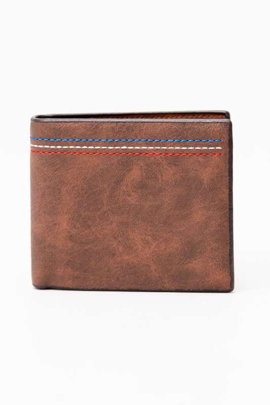 Camel Mountain Leather Bi Fold Stitch Detail Wallet with Coin Pouch Tan