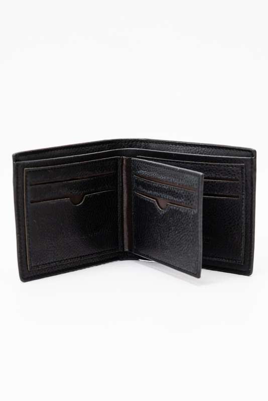 Camel Mountain Leather Bi-Fold Stitch Detail Wallet Black
