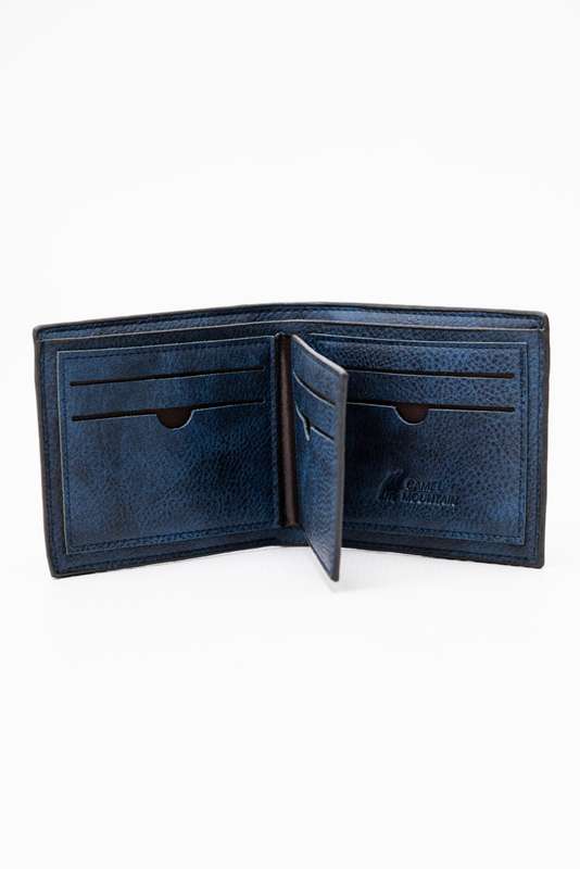 Camel Mountain Leather Bi-Fold Stitch Detail Wallet Navy