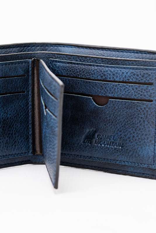 Camel Mountain Leather Bi-Fold Stitch Detail Wallet Navy