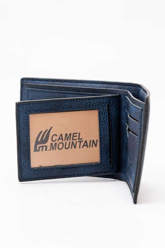 Camel Mountain Leather Bi-Fold Stitch Detail Wallet Navy