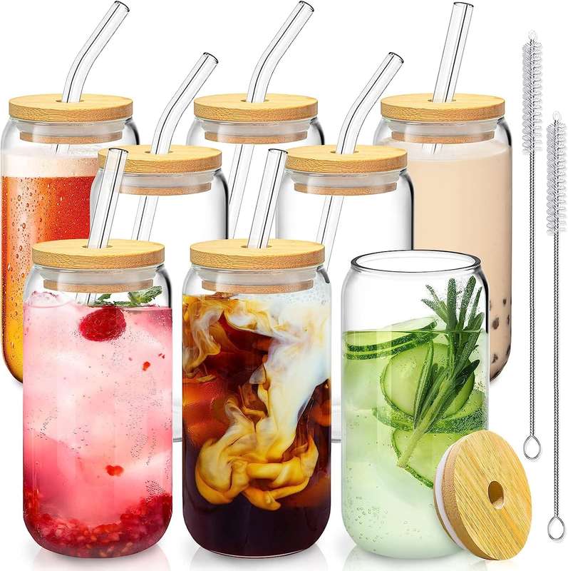 Clear Glass Drinking Can Shape Bottle With Bamboo Lid & Glass Straw