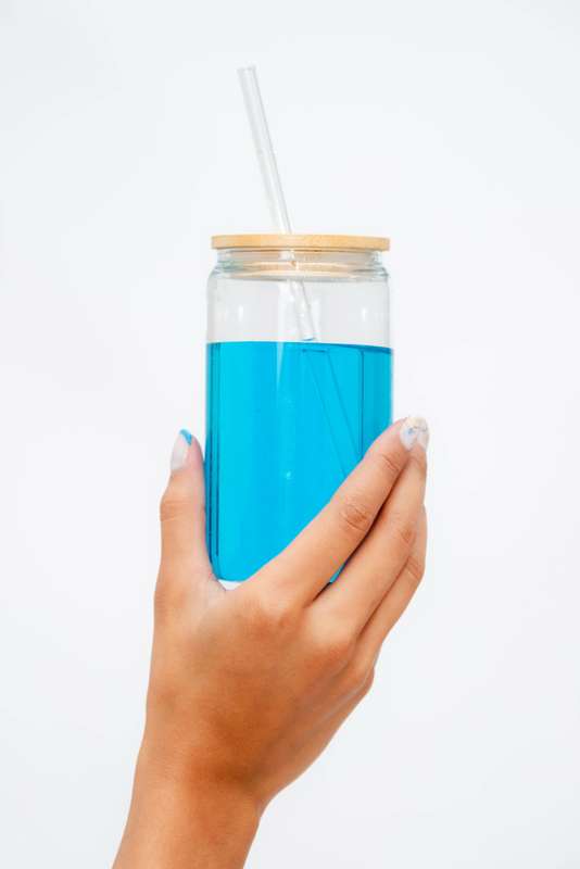 Clear Glass Drinking Can Shape Bottle With Bamboo Lid & Glass Straw