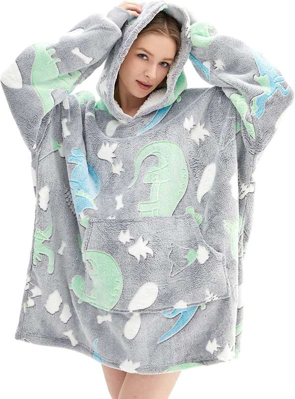 Oversized Glow in The Dark Soft Plush Warm Hooded Blanket Sweatshirt Grey