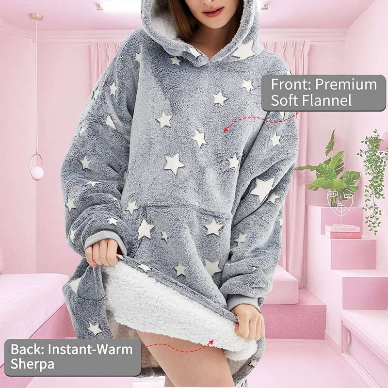 Oversized Glow in The Dark Soft Plush Warm Hooded Blanket Sweatshirt Grey