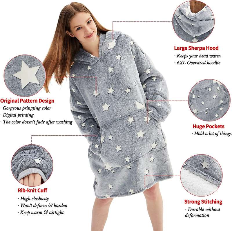 Oversized Glow in The Dark Soft Plush Warm Hooded Blanket Sweatshirt Grey