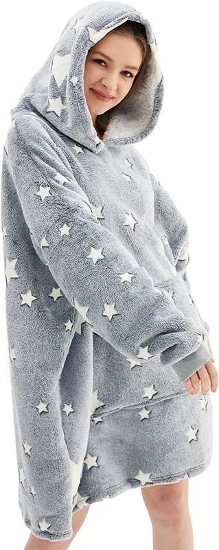 Oversized Glow in The Dark Soft Plush Warm Hooded Blanket Sweatshirt Grey
