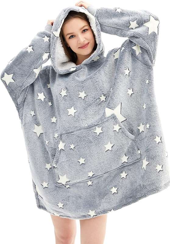 Oversized Glow in The Dark Soft Plush Warm Hooded Blanket Sweatshirt Grey