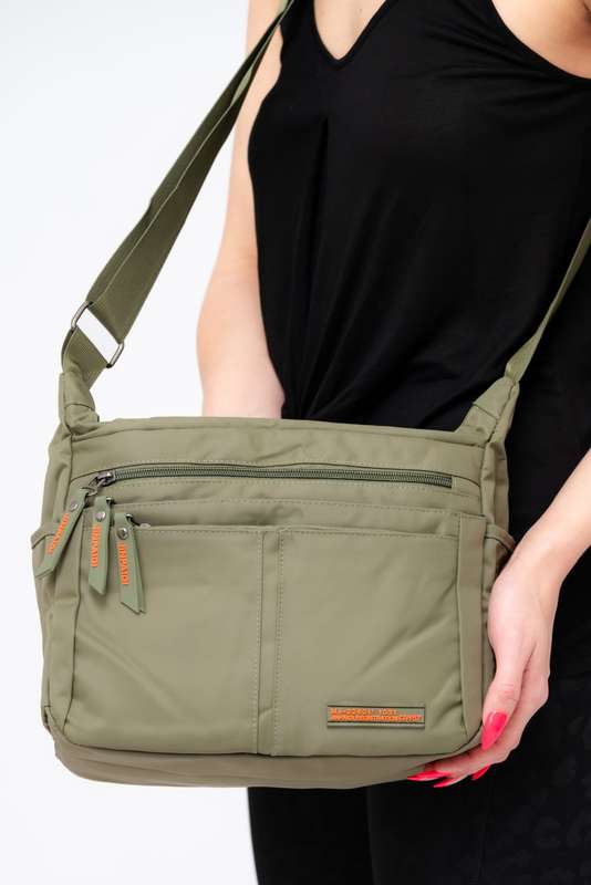 Green Unisex Multi Zipper Sling Shoulder Nylon Bag Crossbody Travel Bag