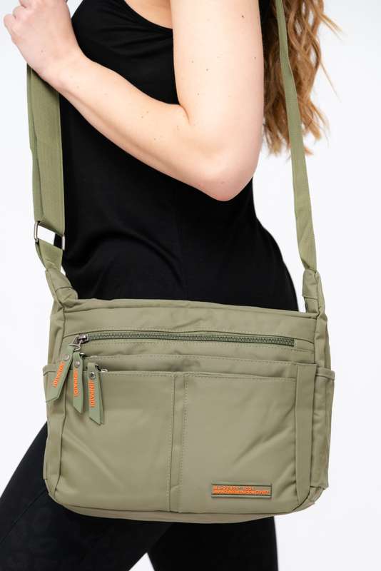 Green Unisex Multi Zipper Sling Shoulder Nylon Bag Crossbody Travel Bag