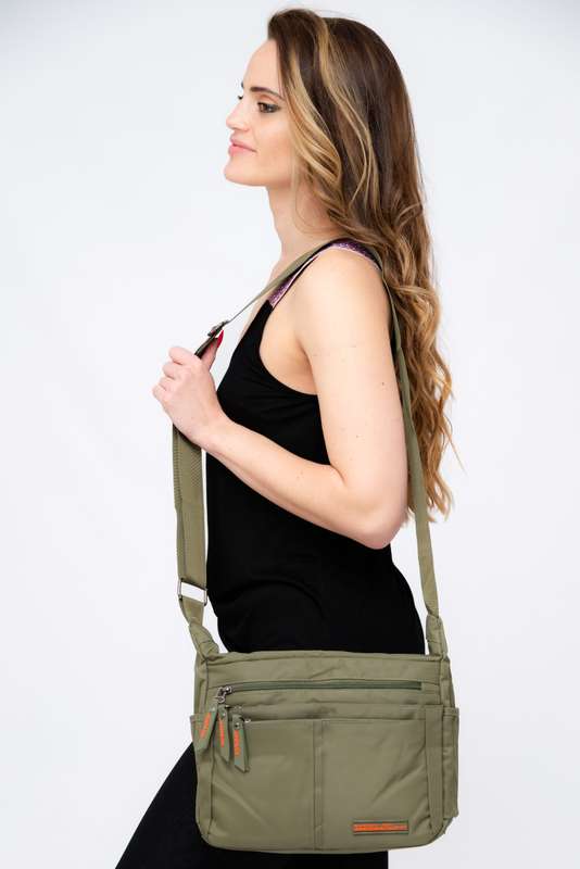 Green Unisex Multi Zipper Sling Shoulder Nylon Bag Crossbody Travel Bag