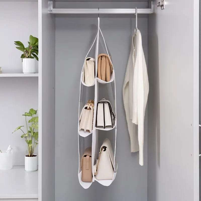 Hanging Handbag Organizer 6 Compartment Grey