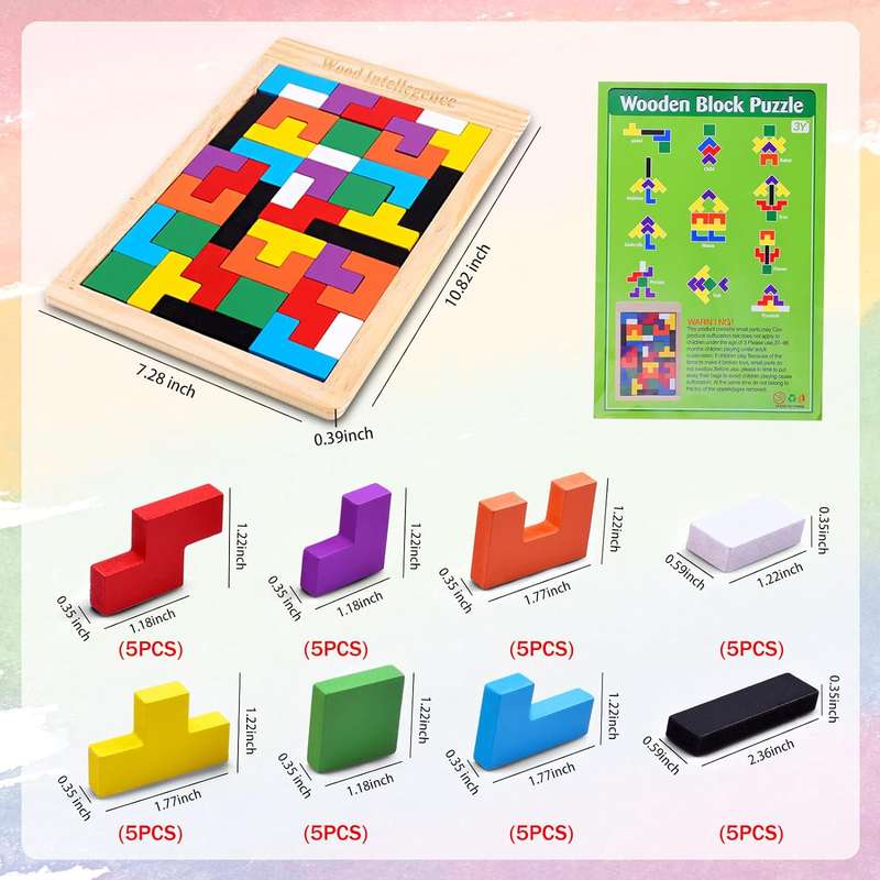Kids Toy Educational 3D Geometric Wooden Tetris 40 Piece Jigsaw Puzzle