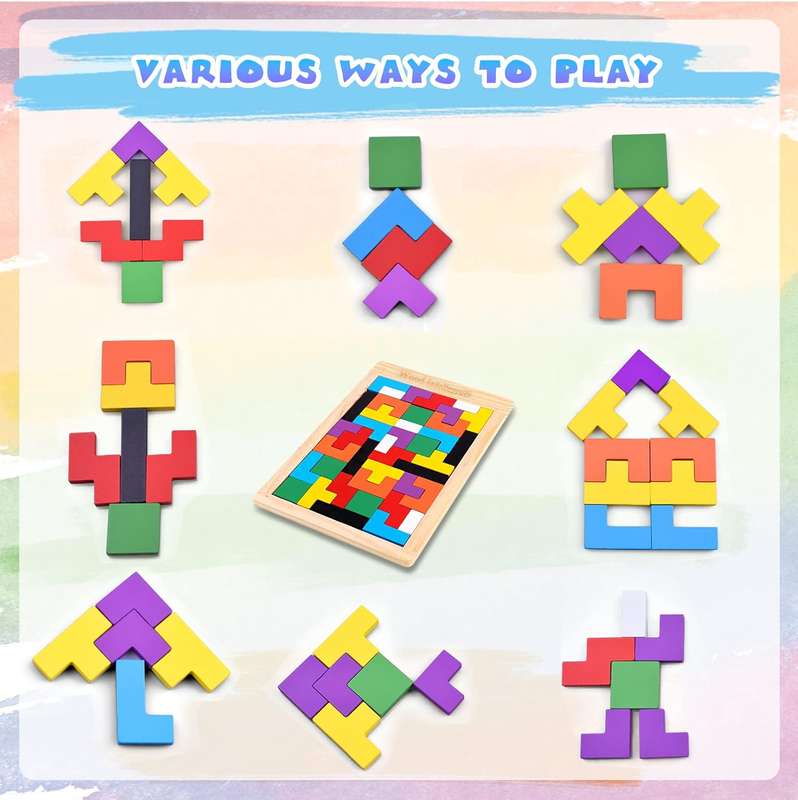 Kids Toy Educational 3D Geometric Wooden Tetris 40 Piece Jigsaw Puzzle
