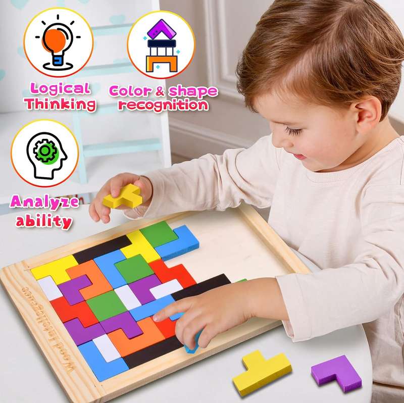 Kids Toy Educational 3D Geometric Wooden Tetris 40 Piece Jigsaw Puzzle