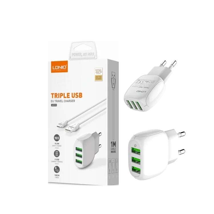 LDNIO 15.5W 3USB Travel Smart Fast Charger 3.1A With Cable Iphone