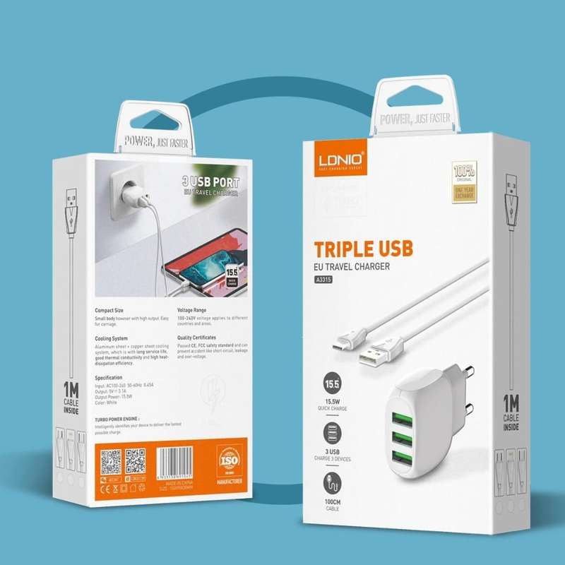 LDNIO 15.5W 3USB Travel Smart Fast Charger 3.1A With Cable Iphone