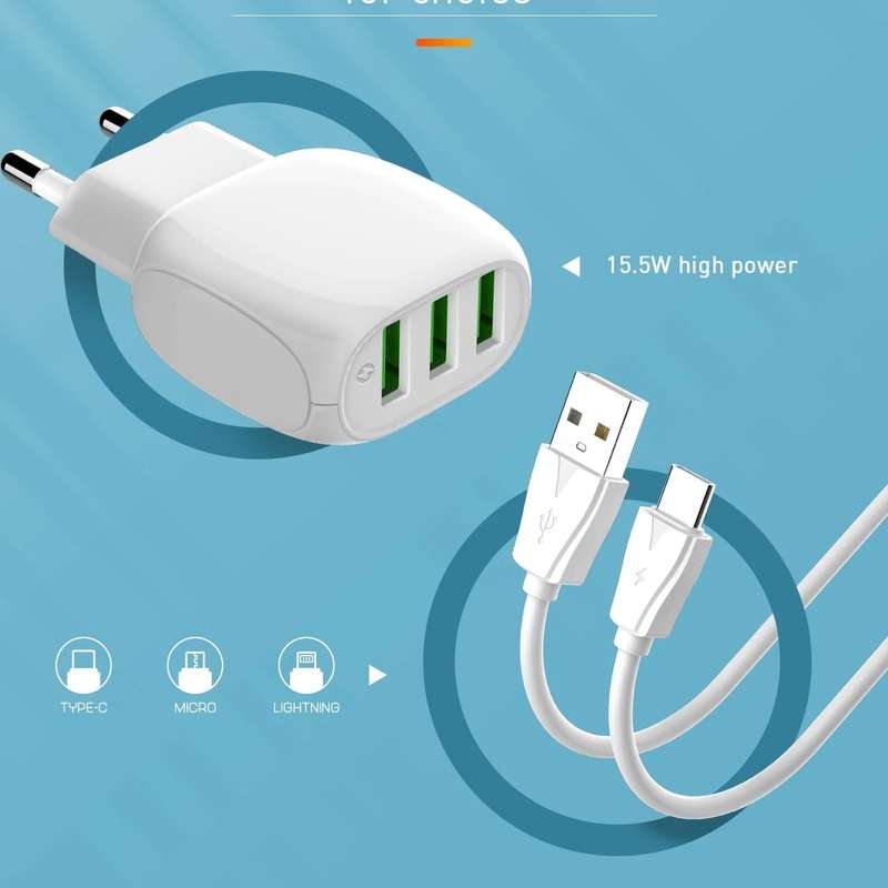 LDNIO 15.5W 3USB Travel Smart Fast Charger 3.1A With Cable Iphone