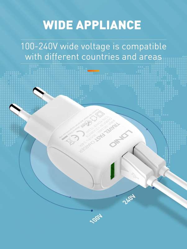 LDNIO 15.5W 3USB Travel Smart Fast Charger 3.1A With Cable Iphone