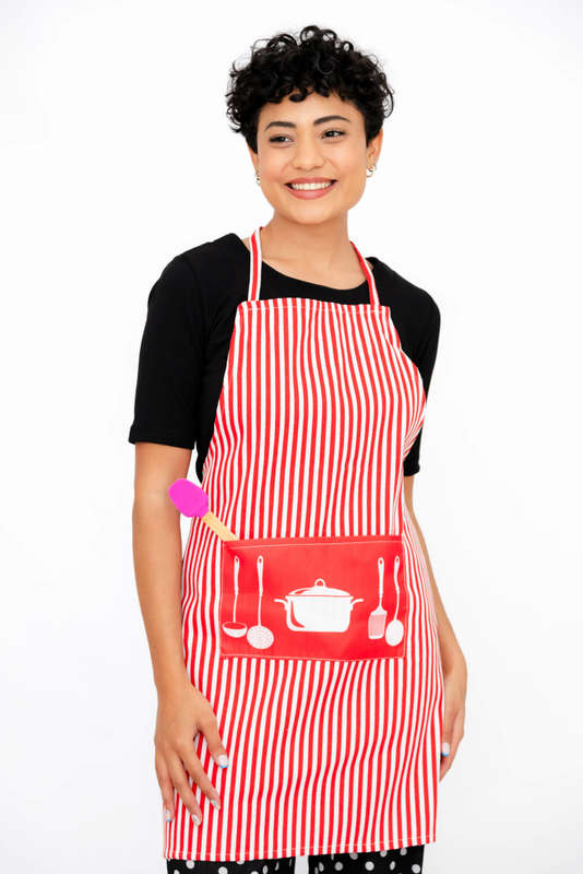 Senza Kitchen Cooking Striped Apron With Pocket Red