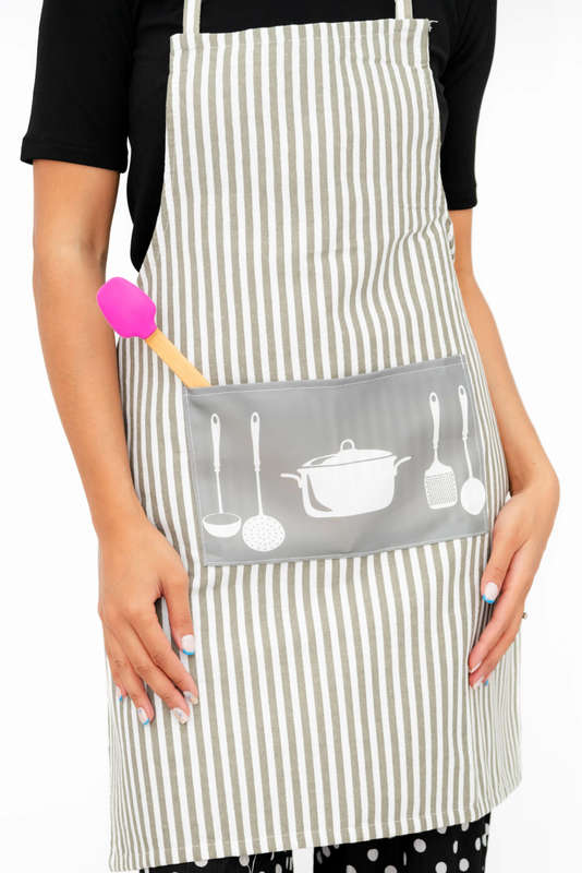 Senza Kitchen Cooking Striped Apron With Pocket Red Grey