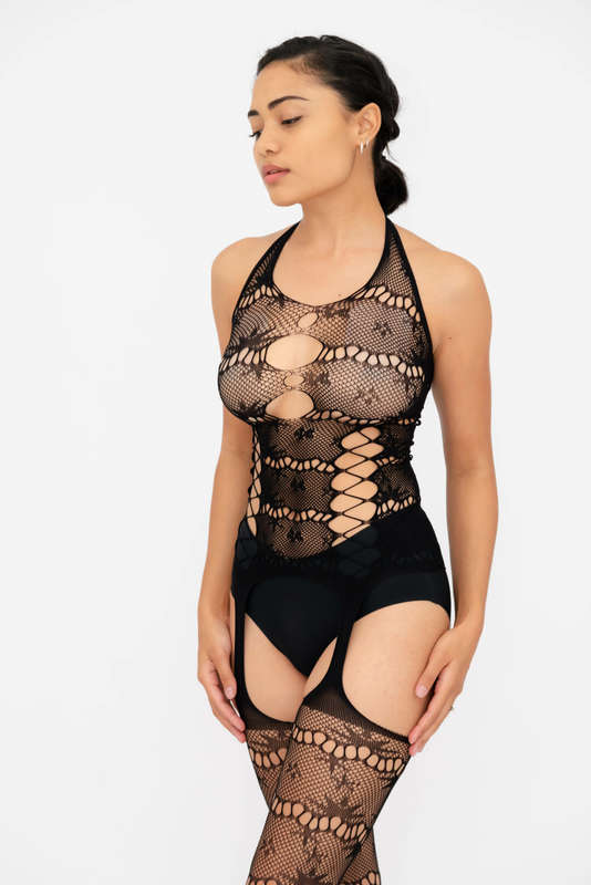 Steamy Nights Fishnet Body stocking Lingerie Dress Set With Seamless Panty