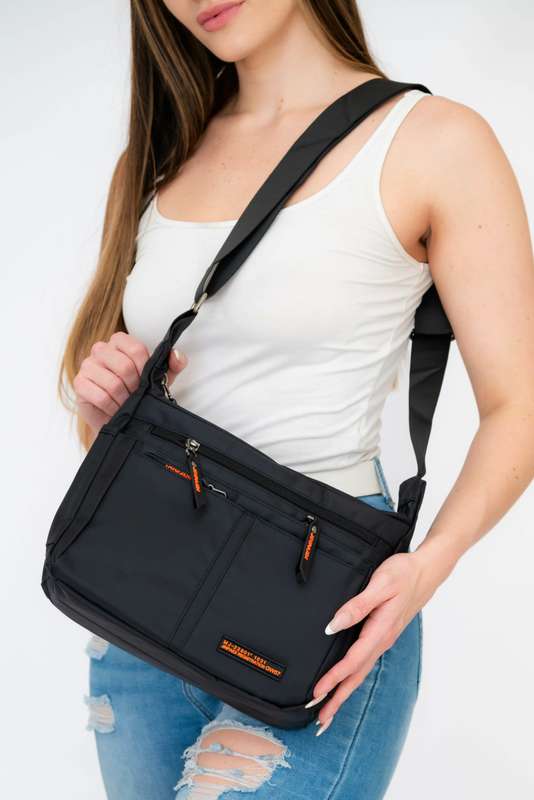Black Unisex Multi Zipper Sling Shoulder Nylon Bag Crossbody Travel Bag