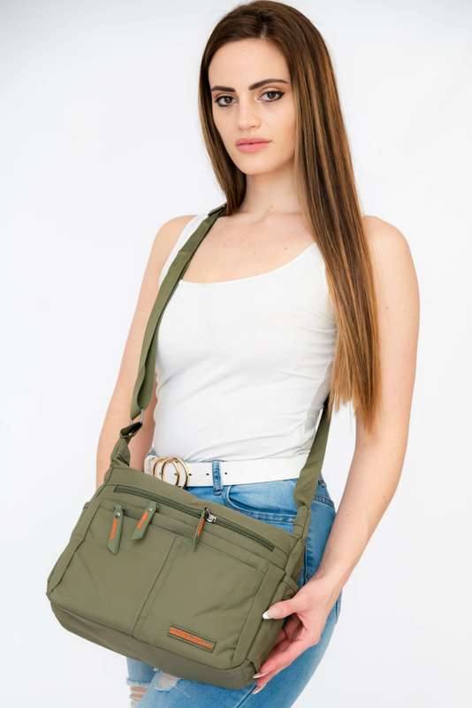 Green Unisex Multi Zipper Sling Shoulder Nylon Bag Crossbody Travel Bag