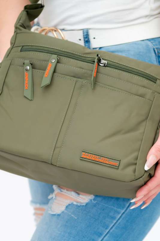Green Unisex Multi Zipper Sling Shoulder Nylon Bag Crossbody Travel Bag