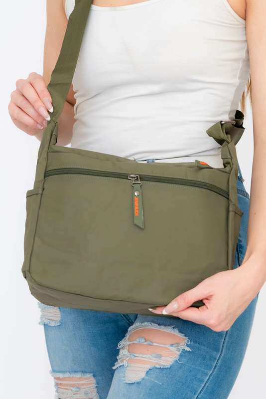 Green Unisex Multi Zipper Sling Shoulder Nylon Bag Crossbody Travel Bag