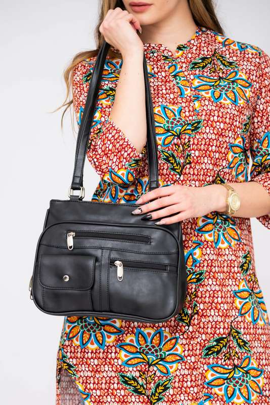 Women's Black Handbag With Multiple Compartments Over-the-Shoulder Purse in Pu Leather