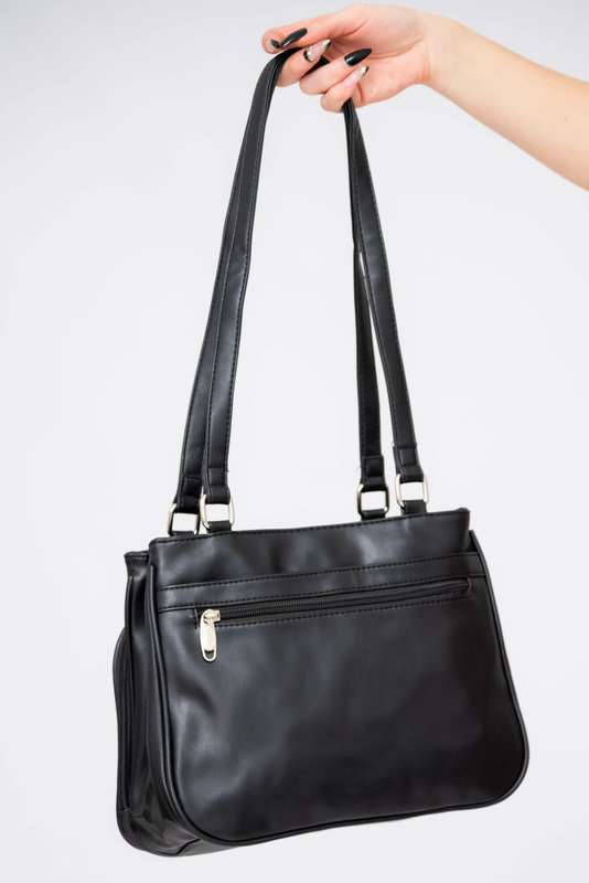Women's Black Handbag With Multiple Compartments Over-the-Shoulder Purse in Pu Leather