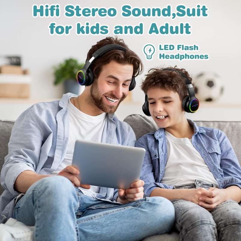 Bluetooth Headphones With Mic, Colorful LED Lights Foldable Headphones Fit for Kids or Adults