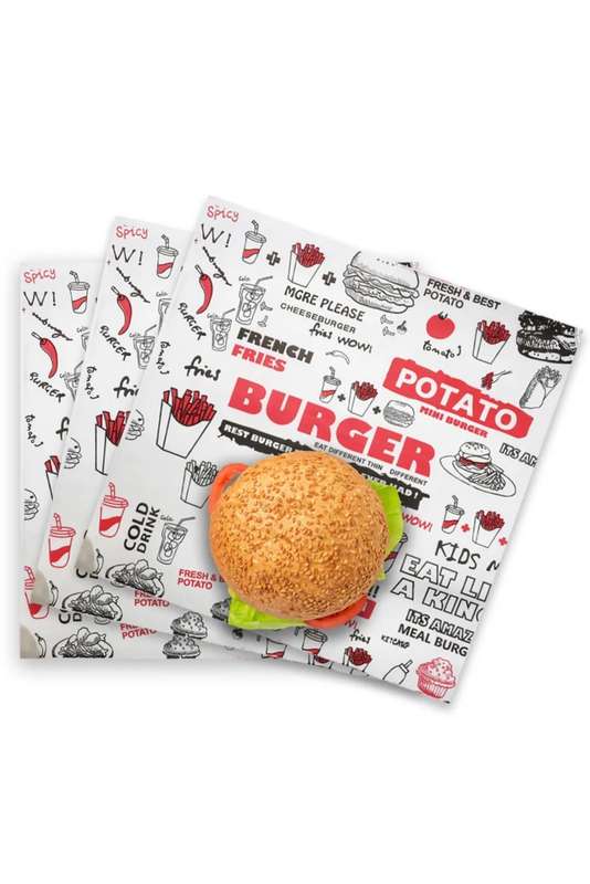 100 Sheet Senza Printed Grease Proof Universal Burger Wax Parchment Paper