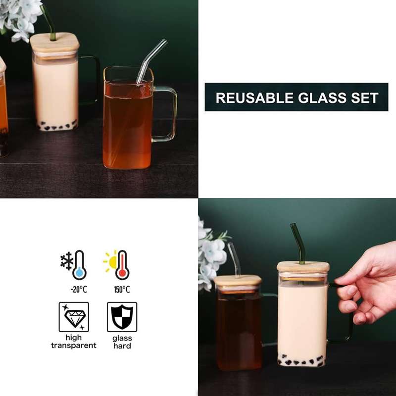 Clear Square Glass Cups with Lids &amp; Straws Tumbler 370ml