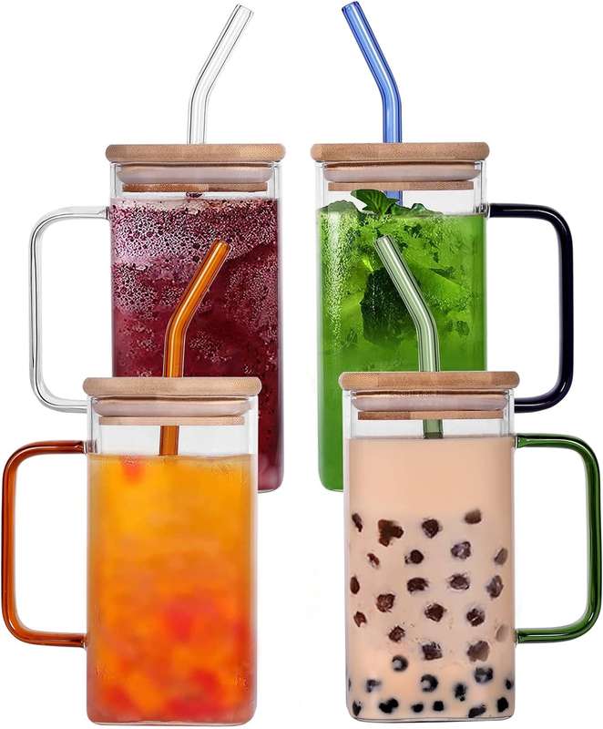 Clear Square Glass Cups with Lids &amp; Straws Tumbler 370ml