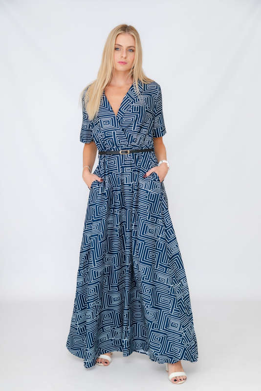 Xavia Short Belted Sleeve Maxi Dress With Pockets
