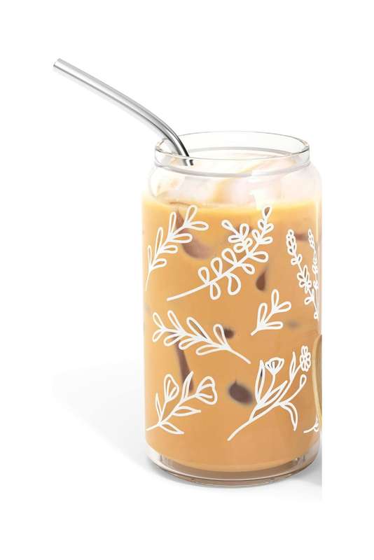 6 Printed Can Shaped Drinking Glass Tumblers With Stainless Steel Straws & Straw Brush