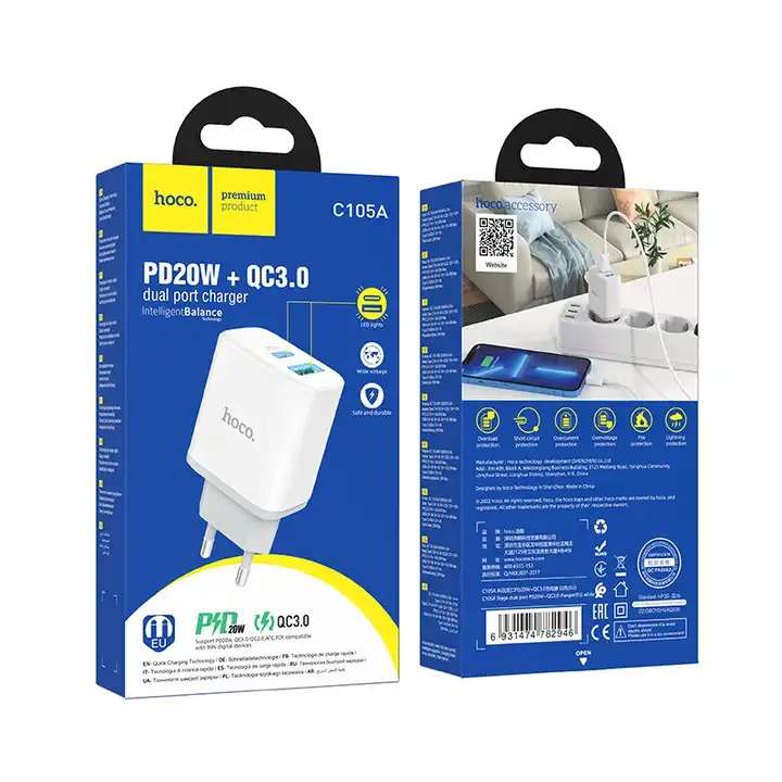 HOCO Dual Port PD20W+QC3.0 Charger Type-C & USB