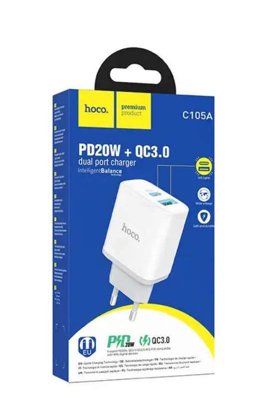 HOCO Dual Port PD20W+QC3.0 Charger Type-C & USB