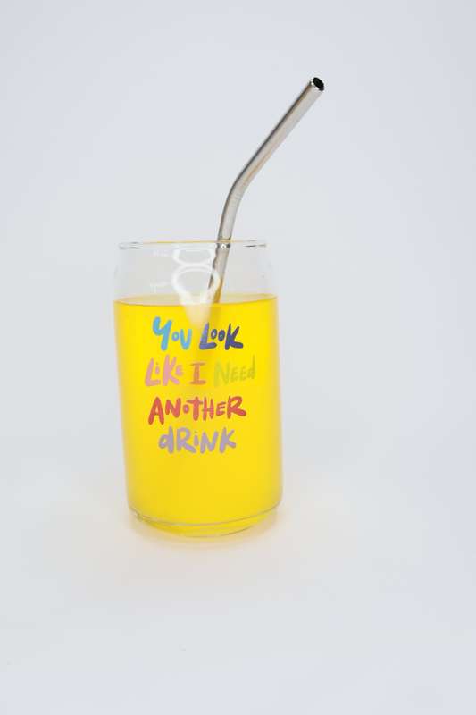 6 Printed Can Shaped Drinking Glass Tumblers With Stainless Steel Straws & Straw Brush