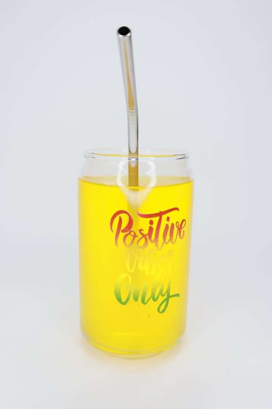 6 Printed Can Shaped Drinking Glass Tumblers With Stainless Steel Straws & Straw Brush