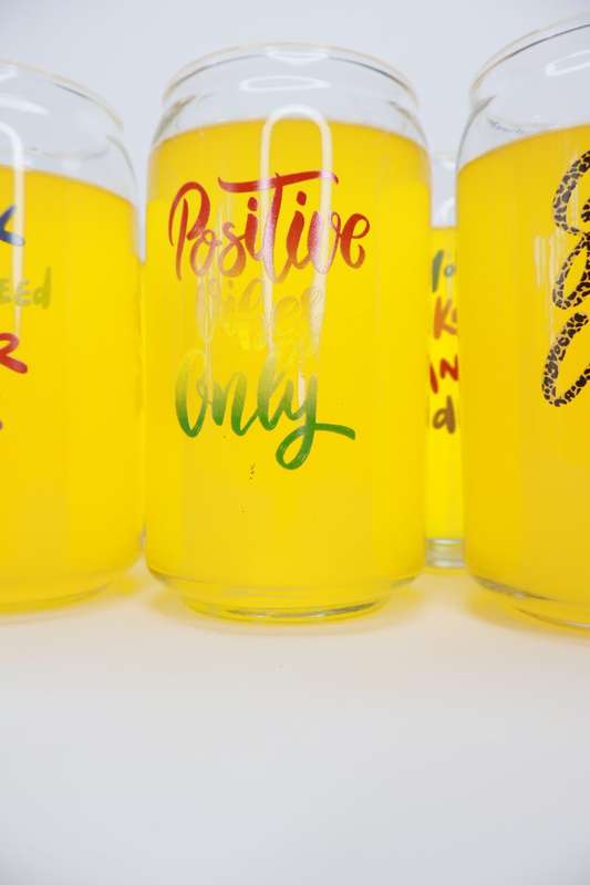 6 Printed Can Shaped Drinking Glass Tumblers With Stainless Steel Straws & Straw Brush