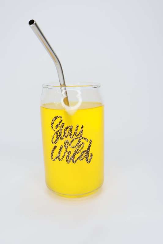 6 Printed Can Shaped Drinking Glass Tumblers With Stainless Steel Straws & Straw Brush