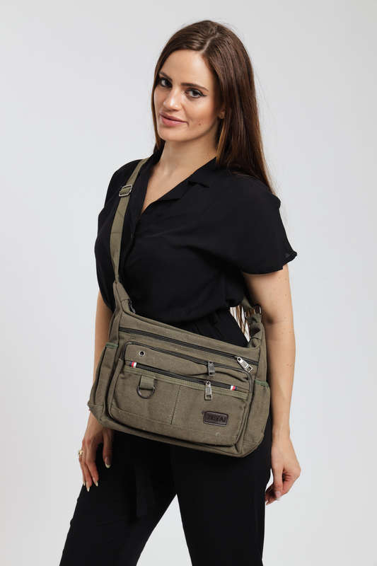 Canvas Unisex Multi Zipper Sling Shoulder Bag Crossbody Travel Messenger Bag